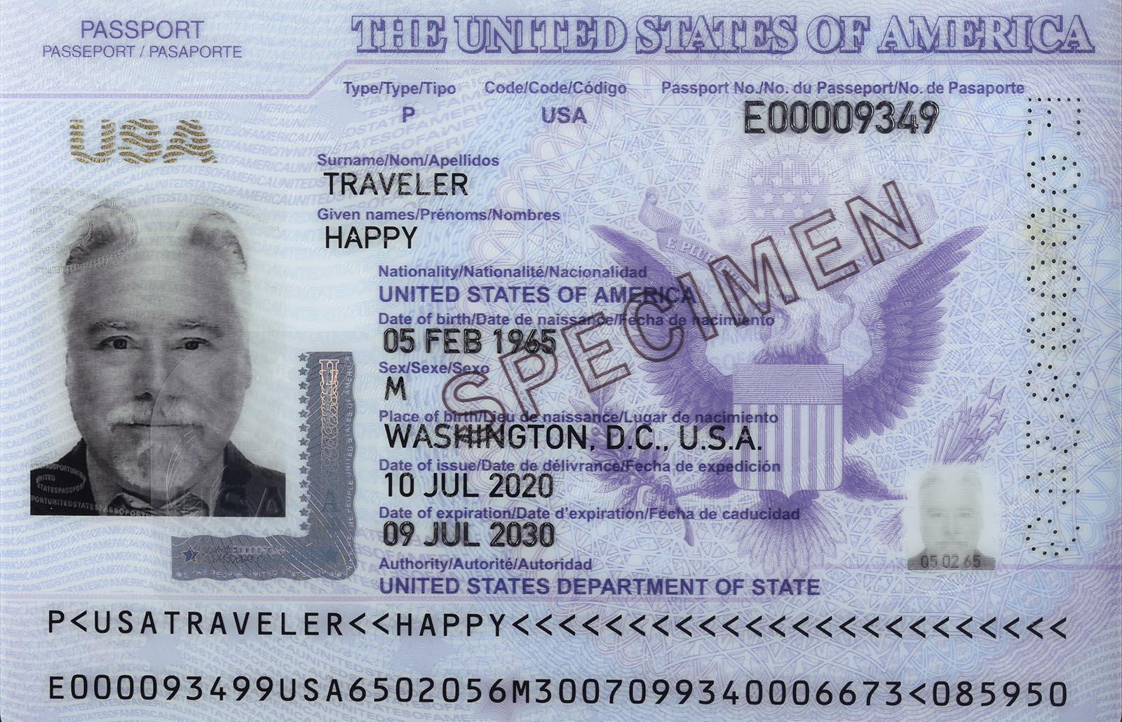 Sample US passport page, original
